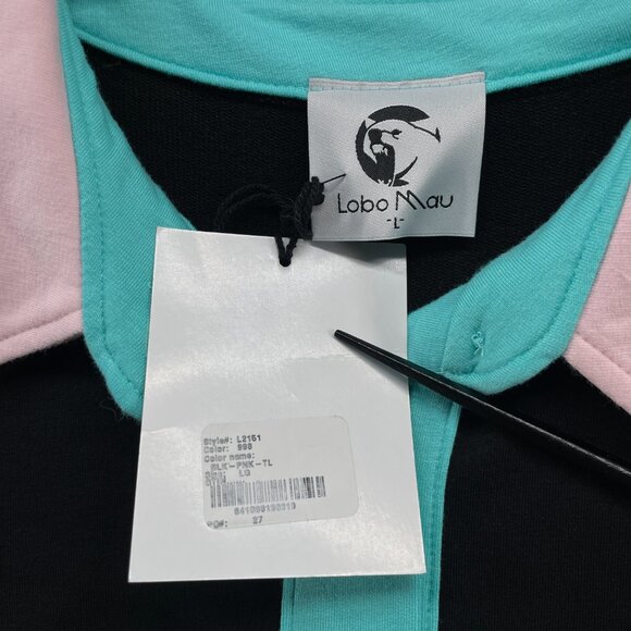 NWT Lobo Maul Polo Shirt 3/4 Sleeve Contrast Trim Collar Black Pink Teal Large - Picture 6 of 11